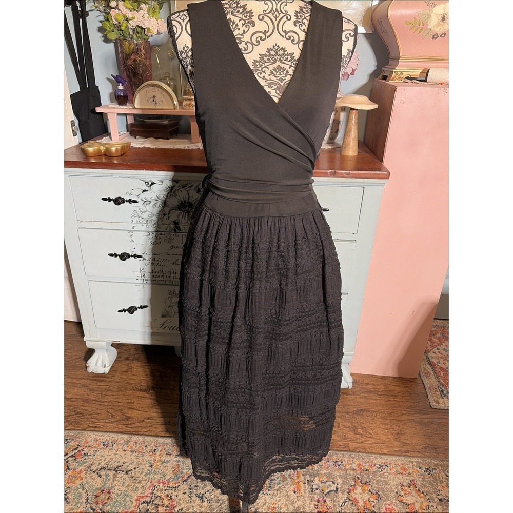 4.Collective Black Lacy Dress With Fitted Cross Tie Bust Sz Large. Fall.